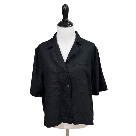 Universal Thread Tops - Universal Thread Women's L Large Cropped Button Down Top Linen Blend Black